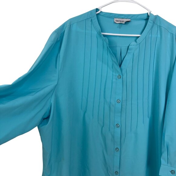 Southern Lady Women 3X Turquoise Button-Up Tunic Blouse Pintuck Front Side Slits - Picture 13 of 14